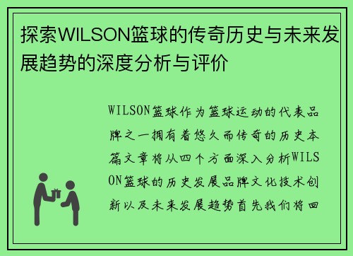 探索WILSON篮球的传奇历史与未来发展趋势的深度分析与评价