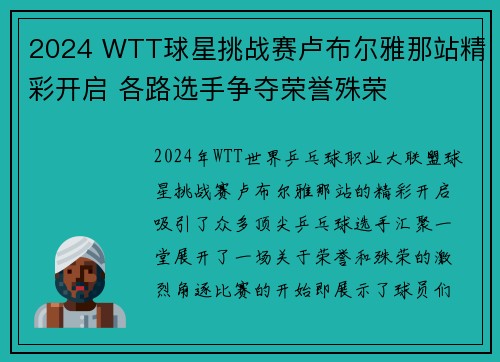 2024 WTT球星挑战赛卢布尔雅那站精彩开启 各路选手争夺荣誉殊荣